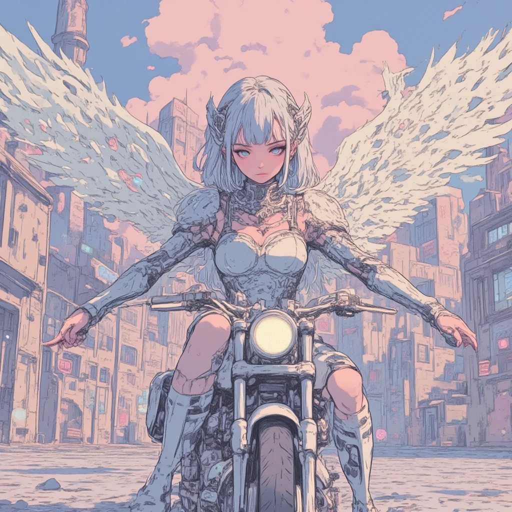  silver hair girl with angel wings wearing armor and riding a Harley motorcycle flying across the skyscraper, android, mechanical joints, sky of the city, clouds.  (best quality, masterpiece, ultra-detailed, illustration:1.2),(8K wallpaper),(beautiful detailed eyes:1.2), beautiful, amazing, detailed eyes, flying flower, (detailed skin),Pastel color,AddXL, pencil outline,