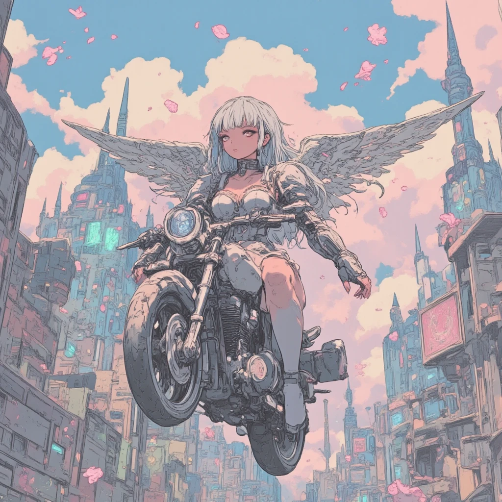  silver hair girl with angel wings wearing armor and riding a Harley motorcycle flying across the skyscraper, android, mechanical joints, sky of the city, clouds.  (best quality, masterpiece, ultra-detailed, illustration:1.2),(8K wallpaper),(beautiful detailed eyes:1.2), beautiful, amazing, detailed eyes, flying flower, (detailed skin),Pastel color,AddXL, pencil outline,