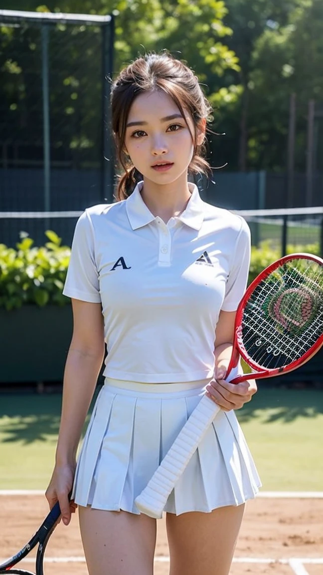((Tennis uniform)),One person,Sexy pose,Highest quality,masterpiece,figure,Very delicate and beautiful,CG,Unity,8k wallpaper,wonderful,In detail,masterpiece,Official Art,Very detailed CG Unity 8k wallpaper,Incredibly absurd,Large file size,Very detailed,High resolution,Very detailed,Beautiful detailed,Realistic,Soft Light,from the front,Daytime,Outdoor,whole body,