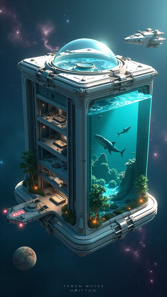 A futuristic space colony shaped like a massive rotating cube or cylinder, floating in the depths of space. One section of the structure is dedicated to an expansive ocean encased in a transparent dome, revealing a vibrant underwater world with whales, sharks, coral reefs, and lush aquatic plants. Another section features sleek, futuristic living spaces, a high-tech command base, and interconnected structures made of polished stainless steel, all housed under transparent enclosures. Surrounding the colony are defense rings reminiscent of Uranus' rings, equipped with advanced weaponry and patrolling spaceships and battleships, creating a Star Wars-inspired aesthetic against the backdrop of a glittering galaxy.