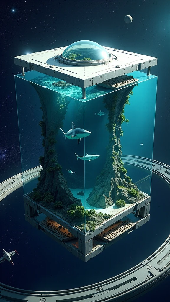 A futuristic space colony shaped like a massive rotating cube or cylinder, floating in the depths of space. One section of the structure is dedicated to an expansive ocean encased in a transparent dome, revealing a vibrant underwater world with whales, sharks, coral reefs, and lush aquatic plants. Another section features sleek, futuristic living spaces, a high-tech command base, and interconnected structures made of polished stainless steel, all housed under transparent enclosures. Surrounding the colony are defense rings reminiscent of Uranus' rings, equipped with advanced weaponry and patrolling spaceships and battleships, creating a Star Wars-inspired aesthetic against the backdrop of a glittering galaxy.