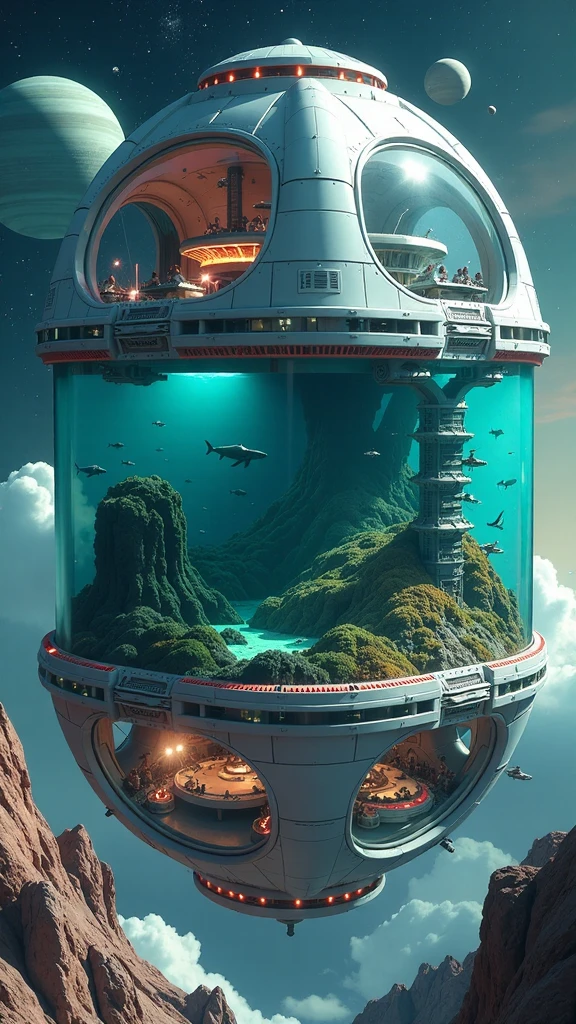 A futuristic space colony shaped like a massive rotating cube or cylinder, floating in the depths of space. One section of the structure is dedicated to an expansive ocean encased in a transparent dome, revealing a vibrant underwater world with whales, sharks, coral reefs, and lush aquatic plants. Another section features sleek, futuristic living spaces, a high-tech command base, and interconnected structures made of polished stainless steel, all housed under transparent enclosures. Surrounding the colony are defense rings reminiscent of Uranus' rings, equipped with advanced weaponry and patrolling spaceships and battleships, creating a Star Wars-inspired aesthetic against the backdrop of a glittering galaxy.