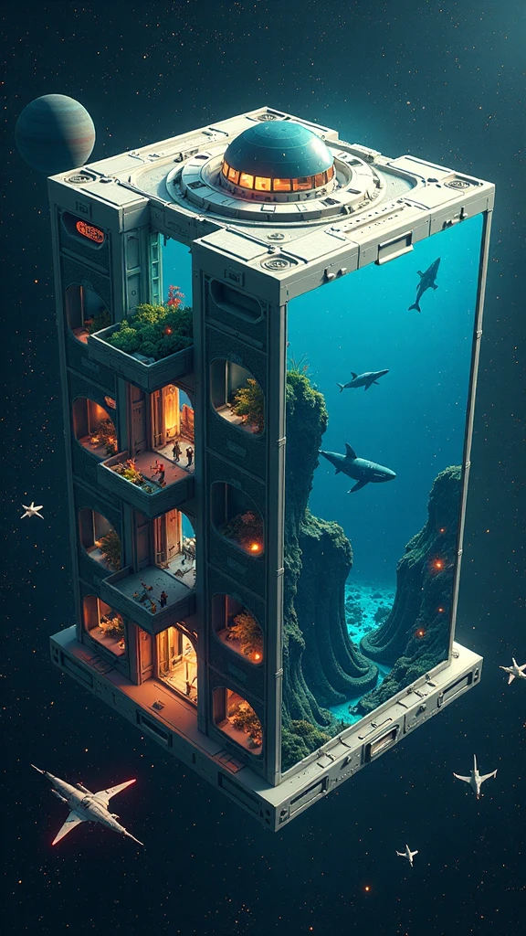 A futuristic space colony shaped like a massive rotating cube or cylinder, floating in the depths of space. One section of the structure is dedicated to an expansive ocean encased in a transparent dome, revealing a vibrant underwater world with whales, sharks, coral reefs, and lush aquatic plants. Another section features sleek, futuristic living spaces, a high-tech command base, and interconnected structures made of polished stainless steel, all housed under transparent enclosures. Surrounding the colony are defense rings reminiscent of Uranus' rings, equipped with advanced weaponry and patrolling spaceships and battleships, creating a Star Wars-inspired aesthetic against the backdrop of a glittering galaxy.