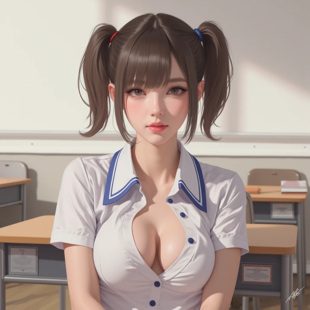 girl, button-gap, button gap, button_gap, cleavage, short hair, pigtails, twin tails, button done collar, gap middle, small boobs, small_boobs