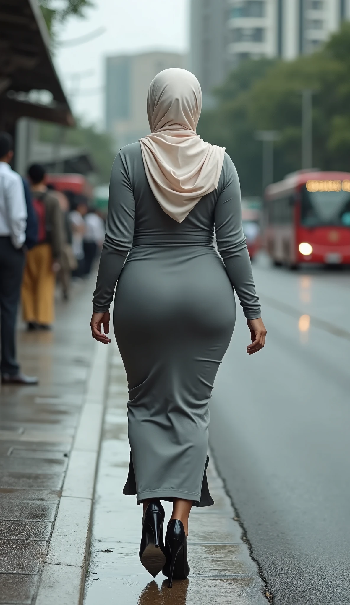 Ultra-realistic, 4k, 1woman, 40 year old, brown skin, pretty face, cute eyes, chubby body, wearing white hijab, wearing long green long sleeve dress, wearing sandals, fat ass, (very visible panty line), tight panty line, nervous facial expressions, very sweaty, both hands on ass, in narrow alley, crowded alley, alley is dirty with so much garbage, dirty scene, dirty dress, dirty clothes, sweaty clothes, (((make the whole image filthy and dirty))), (((mud dripping from dress))), stinky atmosphere, filthy atmosphere, mud on dress, disgusting dress,