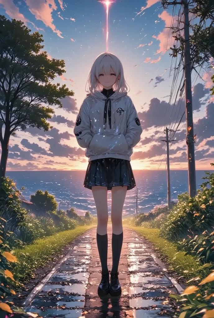 masterpiece, solo, kawaii anime, 1girl, she is a student with skirt, hold umbrella, rainy day, cloudy sky, white hair, long hair, hoodie, detailed illustration, long eyelashes, best quality,  anime background, dramatic portrait, country road, narure, bright image,cinematic lighting, bokeh , blurry background, backlit, film camera effect, kawaii anime, intricate artwork, beautiful composition, lens flare, realistic anime, hdr, 16k, ultra aesthetic illustration,