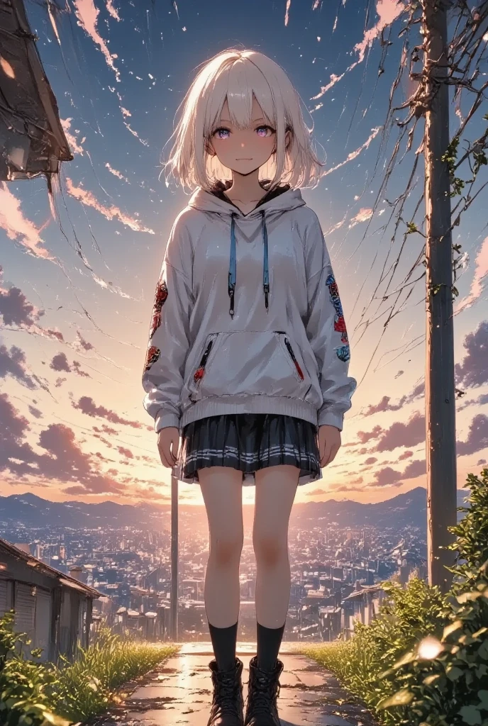 masterpiece, solo, kawaii anime, 1girl, she is a student with skirt, hold umbrella, rainy day, cloudy sky, white hair, long hair, hoodie, detailed illustration, long eyelashes, best quality,  anime background, dramatic portrait, country road, narure, bright image,cinematic lighting, bokeh , blurry background, backlit, film camera effect, kawaii anime, intricate artwork, beautiful composition, lens flare, realistic anime, hdr, 16k, ultra aesthetic illustration,