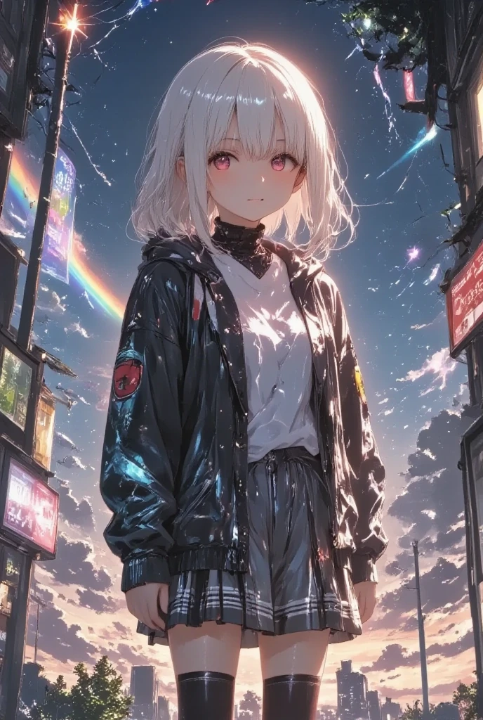 masterpiece, solo, kawaii anime, 1girl, she is a student with skirt, hold umbrella, rainy day, cloudy sky, white hair, long hair, hoodie, detailed illustration, long eyelashes, best quality,  anime background, dramatic portrait, country road, narure, bright image,cinematic lighting, bokeh , blurry background, backlit, film camera effect, kawaii anime, intricate artwork, beautiful composition, lens flare, realistic anime, hdr, 16k, ultra aesthetic illustration,