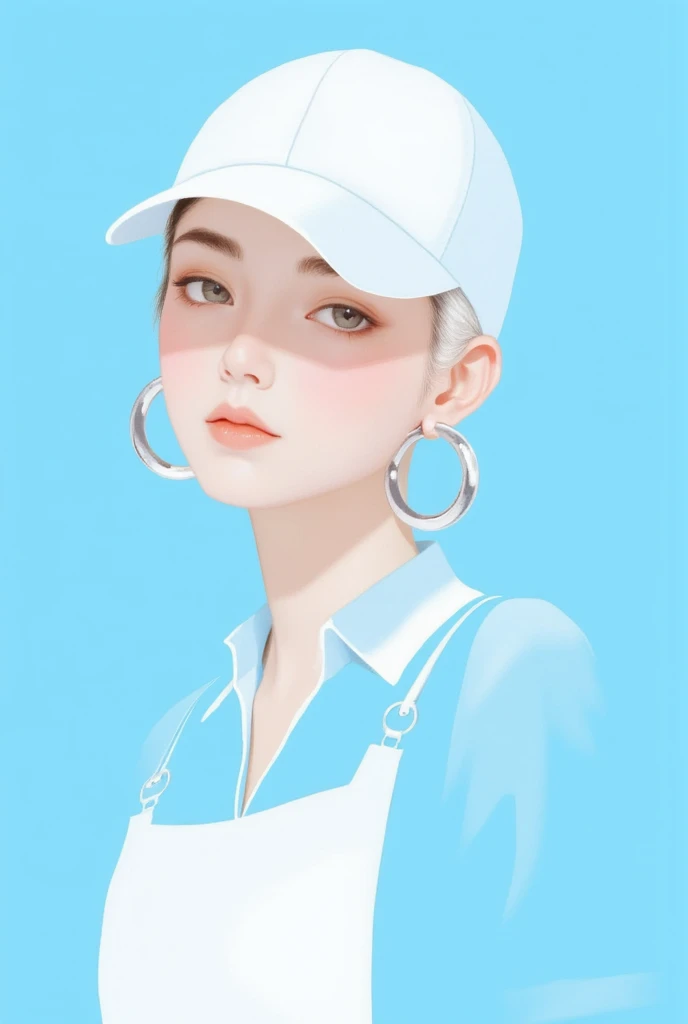 GMF,CEA,Fadeaway,Create an artistic portrait of a modern girl with short platinum white hair, wearing a white baseball cap, large round earrings, and an outfit in white and blue tones. The background should be a bright, minimalist blue to highlight the character, with a gentle and sophisticated expression.