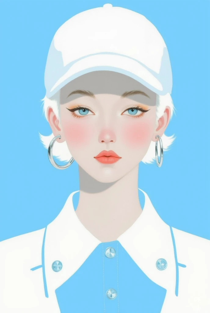 GMF,CEA,Fadeaway,Create an artistic portrait of a modern girl with short platinum white hair, wearing a white baseball cap, large round earrings, and an outfit in white and blue tones. The background should be a bright, minimalist blue to highlight the character, with a gentle and sophisticated expression.