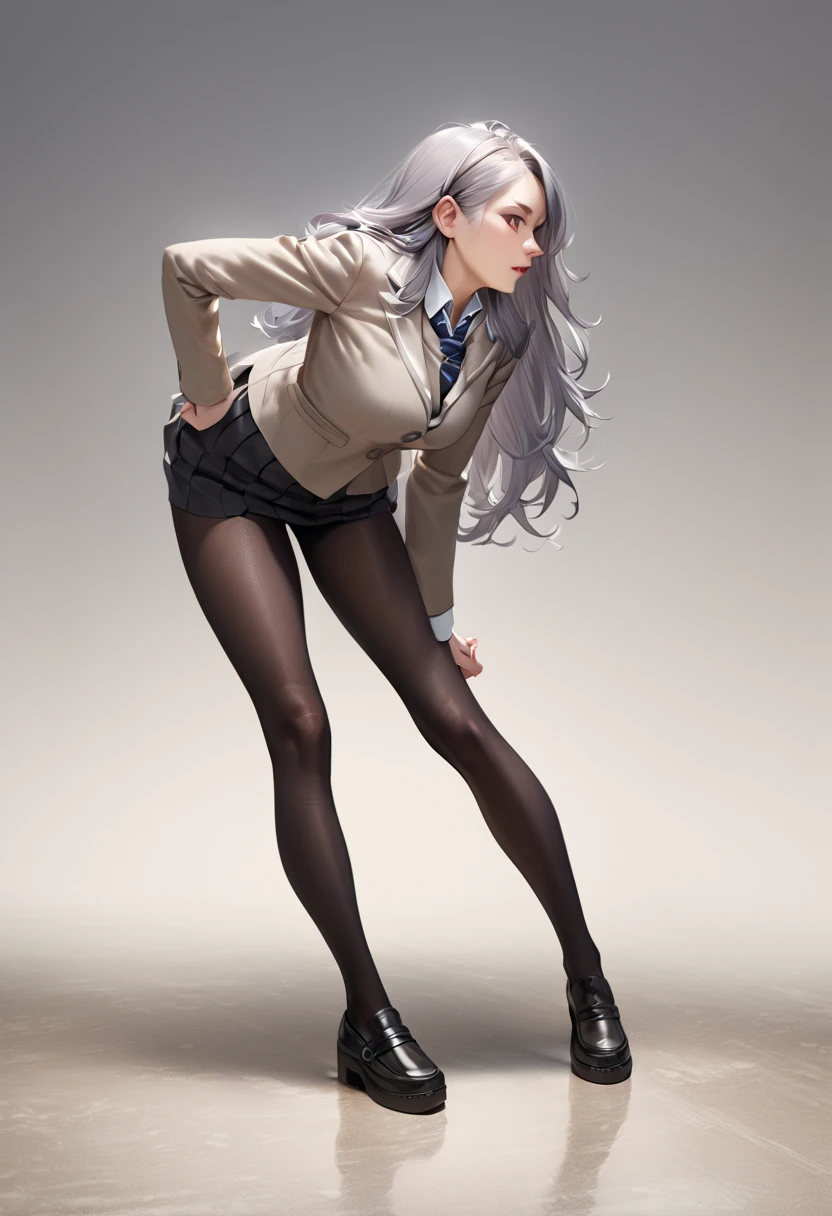 1 girl, mature woman, Alya, silver long hair, school uniform, full body until legs, medium breast, posing styles, simple grey background, focus on body, black stocking , realistic texture, profile picture