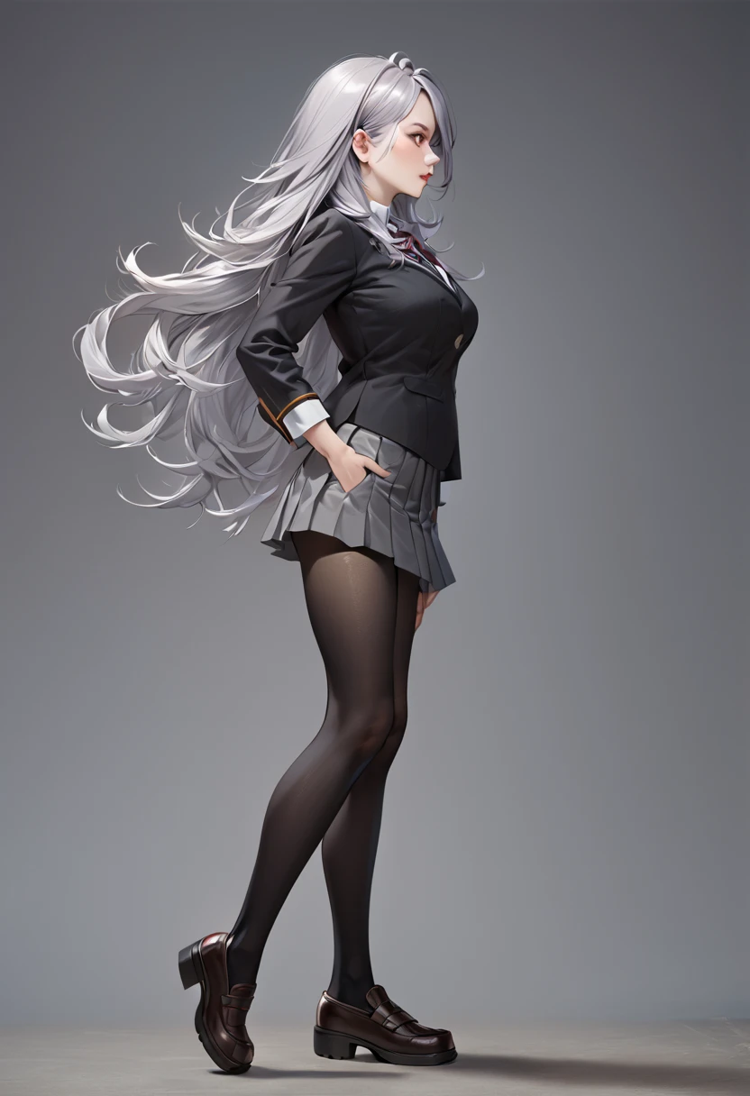 1 girl, mature woman, Alya, silver long hair, school uniform, full body until legs, medium breast, posing styles, simple grey background, focus on body, black stocking , realistic texture, profile picture