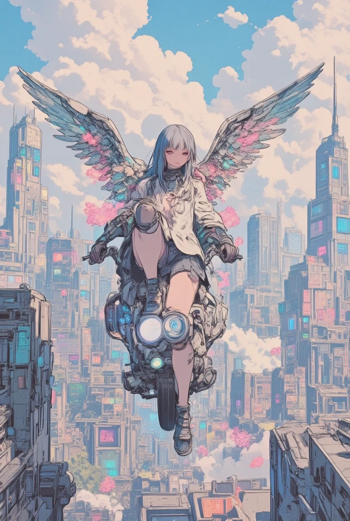  silver hair girl with angel wings wearing armor and riding a Harley motorcycle flying across the skyscraper, android, mechanical joints, sky of the city, clouds.  (best quality, masterpiece, ultra-detailed, illustration:1.2),(8K wallpaper),(beautiful detailed eyes:1.2), beautiful, amazing, detailed eyes, flying flower, (detailed skin),Pastel color,AddXL, pencil outline,