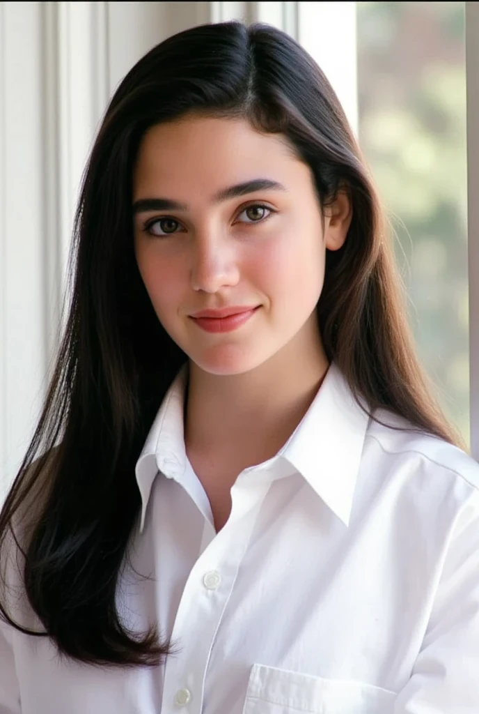 (masterpiece, best quality:1.3), 1girl, Alone, 
close up photo of her head,
from the front view,
she stands straight.,
she is facing right direct to the viewer., 
she wear white shirt.,
((Jennifer Connelly at age 15)),
she is modest and shy character., 
no make up, 
the healthy whiteness of her skin is accentuated., 
tender smile,
plump cheeks, adorable face,
scooped nose arched high with a turned-up tip,
amp
ample breasts, broad shoulders, 
shiny long dark hair fluttering,
she is smiling tenderly.,
under bright light illuminating on her face,
she is in a bright room.,