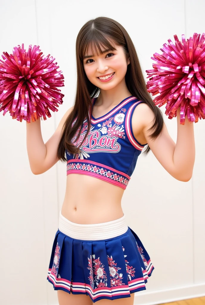 (best quality:1.2), masterpiece, ((anatomically correct proportions : 1.5)), ((perfect proportions)), 1 Japanese girl, (12-year-old, ultra cute kawaii:1.3), ((upper body)), solo, smile, standing, looking at viewer, (nup, cheerleader:1.2), (wearing Cheerleader's sleeveless shirt and pleated mini skirt) , ((focus on her armpits)), (((Sweaty armpits))), Armpit depression, ((((Dimpled Armpits)))), ((((Deeply wrinkled armpits))))