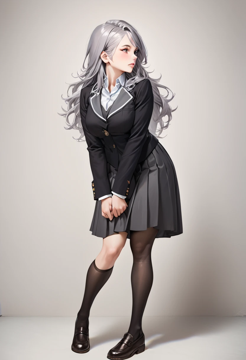 1 girl, mature woman, Alya, silver long hair, school uniform, full body until knees , medium breast, beautiful posing styles, simple grey background, focus on body, black stocking , realistic texture, profile picture