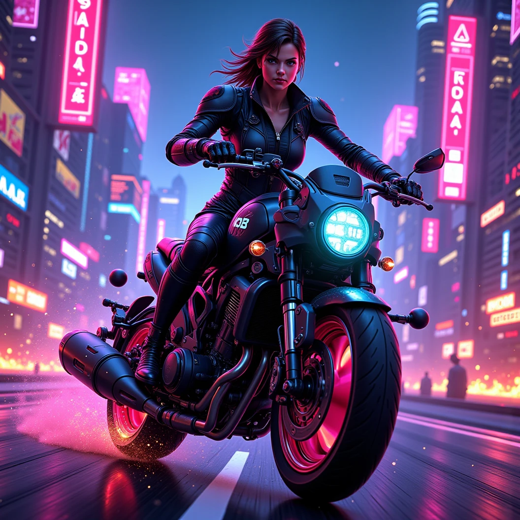 a female road warrior in futuristic cyborg armor. racing a hover bike, created by the company MAB, down a neon highway. Motorcycle hovers and has no wheels. cyberpunk atmosphere. Active gunfight with the enemy chasing. Dynamic Movement, Image Fill, Cinematic Lighting, Hyperdetailed, High Resolution, hyperrealistic, Floating particles, The name "Aradaaae"  on a neon sign in the background. the name "MAB" etched on the hoverbike 