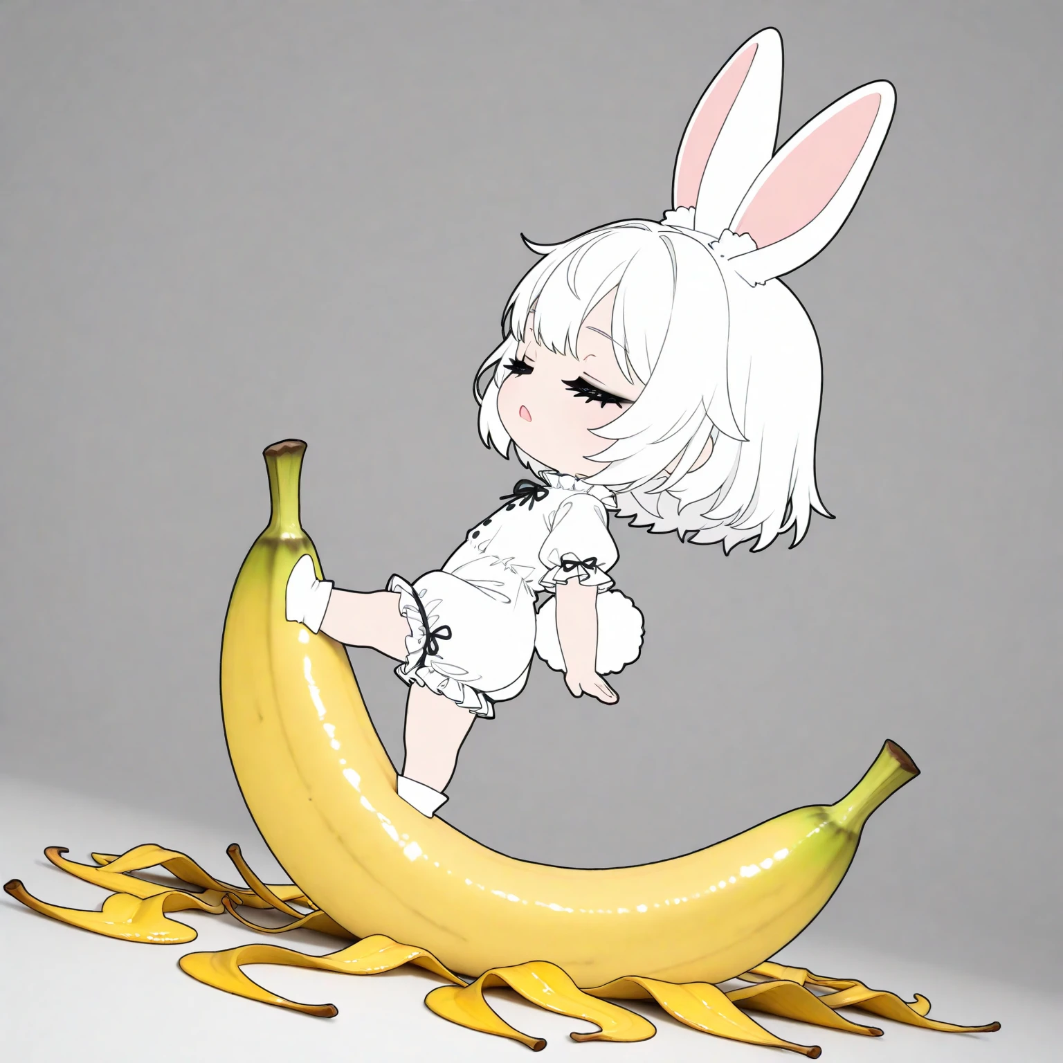 (solo),1girl\((chibi:1.3),cute,kawaii,shiny short white hair, bunny ears, (closed eyes), (black long eyelash:1.2), expressionless face,open mouth,beautiful skin,white frilled romper,(1white rabbit-tail:0.6),full body, skip walk, from side\), many (huge:1.2) banana (peel:1.2), masterpiece, best quality, very aesthetic, highres, absurdres, 3d,minimalist,longshot,dynamic angle,comedy mood,(flat color),surrealism