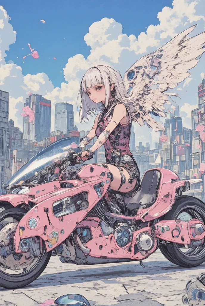  silver hair girl with angel wings wearing armor and riding a Harley motorcycle flying across the skyscraper, android, mechanical joints, sky of the city, clouds.  (best quality, masterpiece, ultra-detailed, illustration:1.2),(8K wallpaper),(beautiful detailed eyes:1.2), beautiful, amazing, detailed eyes, flying flower, (detailed skin),Pastel color,AddXL, pencil outline,