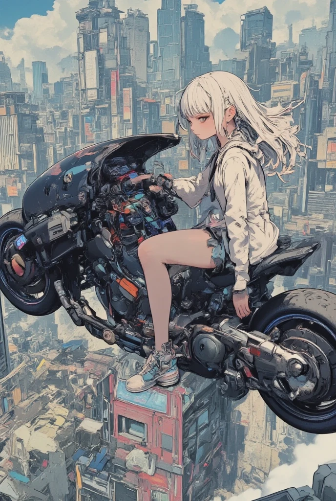  silver hair girl with angel wings wearing armor and riding a Harley motorcycle flying across the skyscraper, android, mechanical joints, sky of the city, clouds.  (best quality, masterpiece, ultra-detailed, illustration:1.2),(8K wallpaper),(beautiful detailed eyes:1.2), beautiful, amazing, detailed eyes, flying flower, (detailed skin),Pastel color,AddXL, pencil outline,