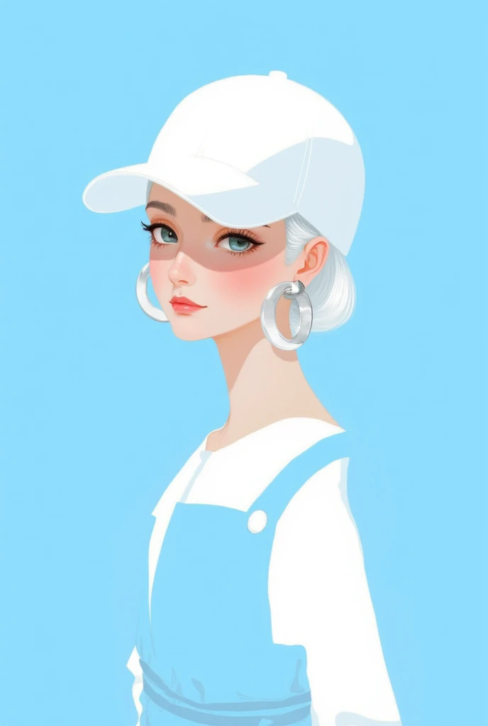 GMF,CEA,Fadeaway,Create an artistic portrait of a modern girl with short platinum white hair, wearing a white baseball cap, large round earrings, and an outfit in white and blue tones. The background should be a bright, minimalist blue to highlight the character, with a gentle and sophisticated expression.