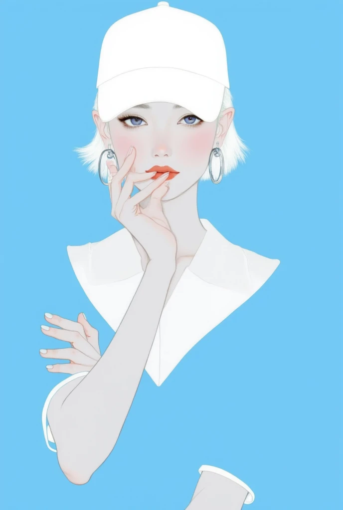 GMF,CEA,Fadeaway,Create an artistic portrait of a modern girl with short platinum white hair, wearing a white baseball cap, large round earrings, and an outfit in white and blue tones. The background should be a bright, minimalist blue to highlight the character, with a gentle and sophisticated expression.