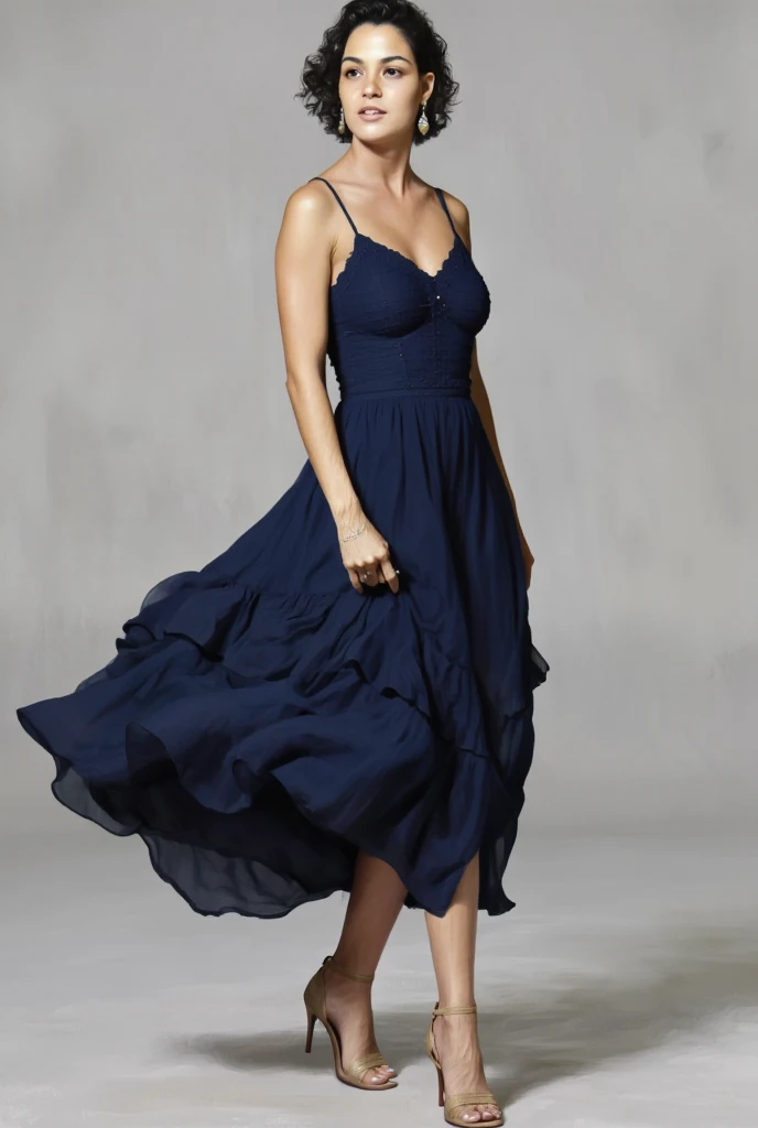 artwork in the Sr Art ,  A woman with detailed skin stands gracefully against a neutral background ,  wearing a navy blue midi dress with thin straps and a fitted bodice that flows in a ruffled skirt.  She combines the dress with beige ankle strap sandals ,  style emanating elegance and simplicity in a timeless style .