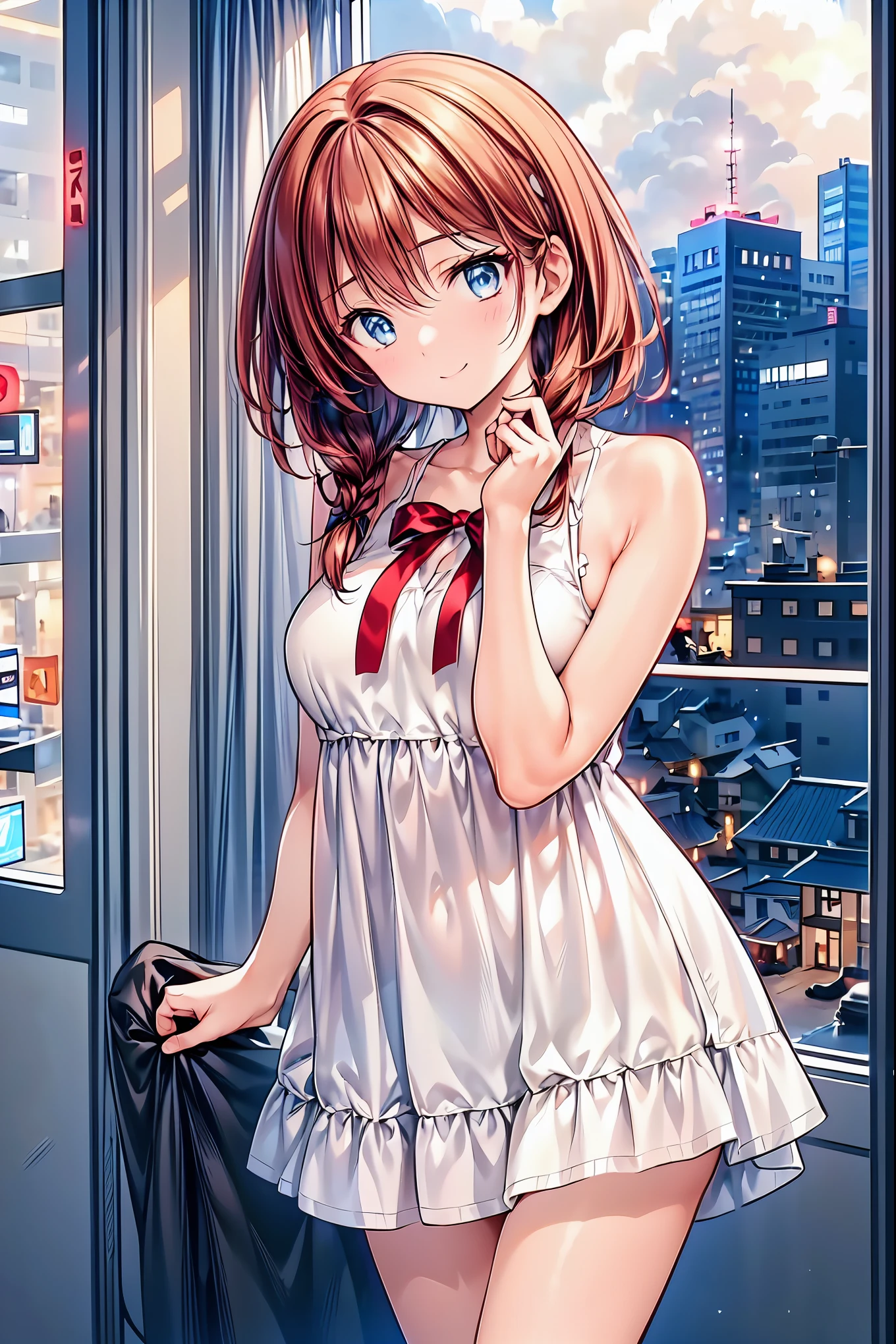 Winter clothes、Red coat、Bare legs、( top quality ,Masterpiece:1.3, Ultra-Fine ),( very detailed, caustics,8k),( realistic :1.4,RAW shooting),18 years old, Japanese , cute, Looking at the camera and smiling ,( faces :1.2),( face close-up :1.2),(Low position:1.3),( low angle:1.4), brown hair, shortcuts to touch armpits, slender beauty , messy hair,Cityscape, brown hair, shortcuts to touch armpits, tousled hair , short braided hair,Neat, slender and beautiful woman with C cup breasts ,Correct posture, small breasts, Beautiful Legs, Enchanting gray-blue eyes shine like stars ,Droopy eyes, bright color , beautiful eyes,A delicate smile, Textured Skin, BEST QUALITY BEST , A humorous parody of a gentle and beautiful woman writing directly from the bottom of the depth of the dress border , anime style、