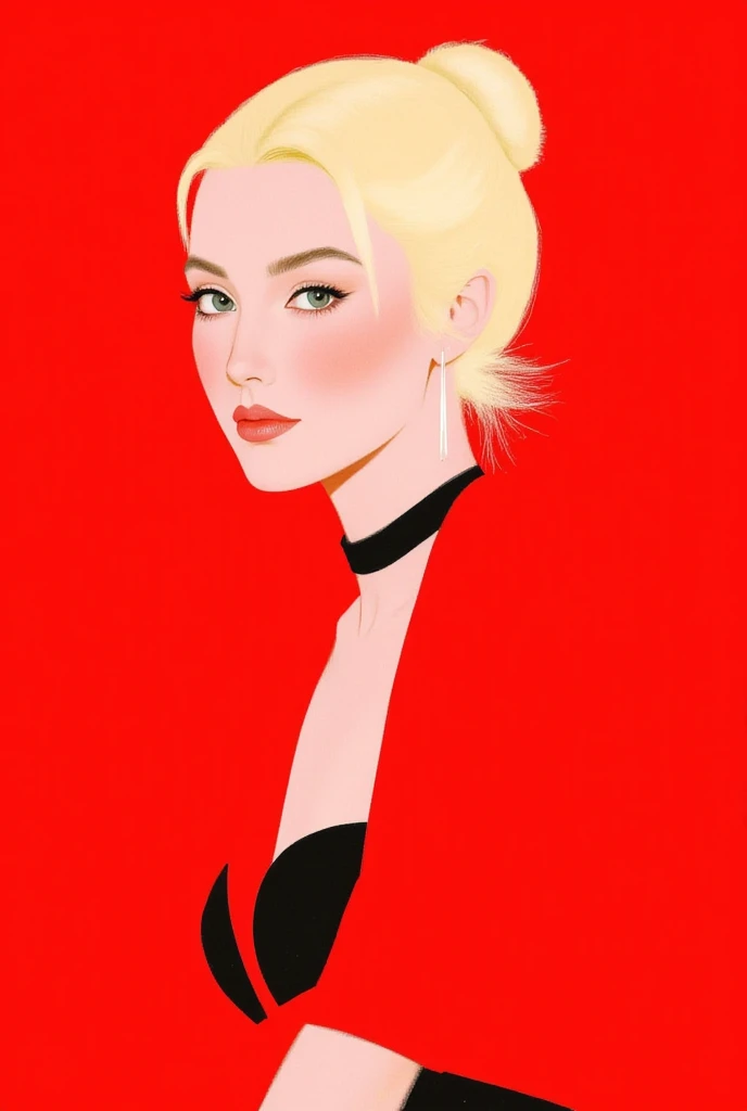 GMF,Fadeaway,CEA, Illustration Portrait of a young woman with platinum blonde hair tied back, posing confidently against a vibrant red background. She wears a contrasting outfit of red and black, with soft lighting accentuating her sharp facial features. Her eyes are delicately made up, and her lips are a soft pink. The overall style is modern and minimalistic.