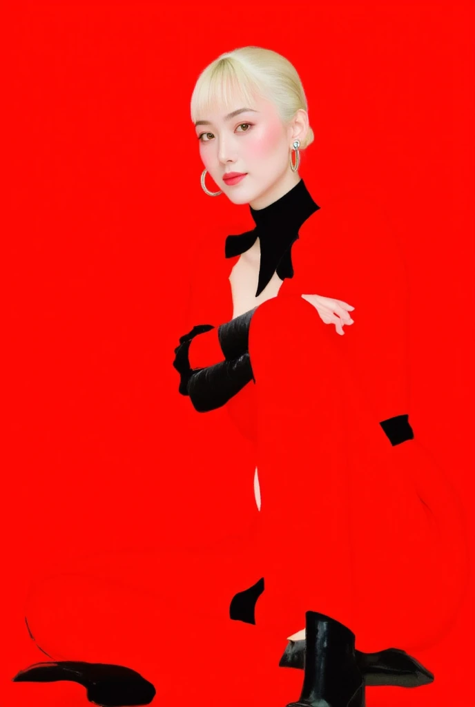 GMF,Fadeaway,CEA, Illustration Portrait of a young woman with platinum blonde hair tied back, posing confidently against a vibrant red background. She wears a contrasting outfit of red and black, with soft lighting accentuating her sharp facial features. Her eyes are delicately made up, and her lips are a soft pink. The overall style is modern and minimalistic.