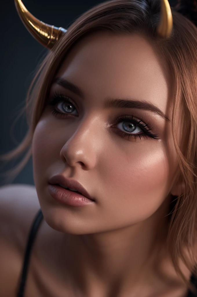 A beautiful 18 year old girl,detailed face,beautiful detailed eyes,beautiful detailed lips,longeyelashes,round ,black devil horns,wearing a pink ,facing camera,masterpiece,photorealistic,8k,ultra-detailed,professional,cinematic lighting,dramatic colors,fantasy,dark art