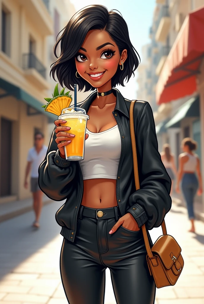 One girl、Dark Skin、straw hat、Open Cafe、Beer in hand、Outdoor、