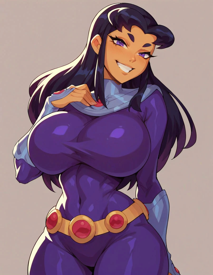 BlackFire (Teen Titans), 1girl, solo, long hair,purple eyes, black hair, bodysuit, (huge juicy breasts:1.2),belt,simple background,looking at viewer, cowboy shot,evil smile,Whole body, 