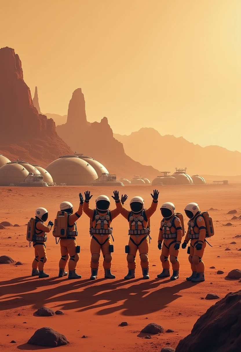 Mars, red planet wasteland, dry, several human made structures domes and connectors, connected into landed space rocket, several astronauts in eva suit cheering and holding banner with text: (Happy new year 2025 Earth!) 