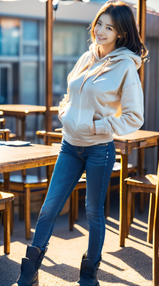 Hot blonde 40 year old woman standing in restaurant wearing hoodie and jeans and white shoes