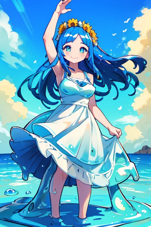 score_9, score_8_up, score_9_up, score_7_up, high quality, masterpiece, highly detailed, solo, (((blue slime girl))), long hair, medium breasts, sun dress, smile, sunny sky, windy, flowing hair, flowers