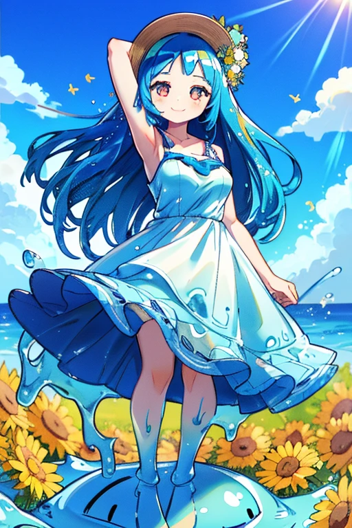 score_9, score_8_up, score_9_up, score_7_up, high quality, masterpiece, highly detailed, solo, (((blue slime girl))), long hair, medium breasts, sun dress, smile, sunny sky, windy, flowing hair, flowers