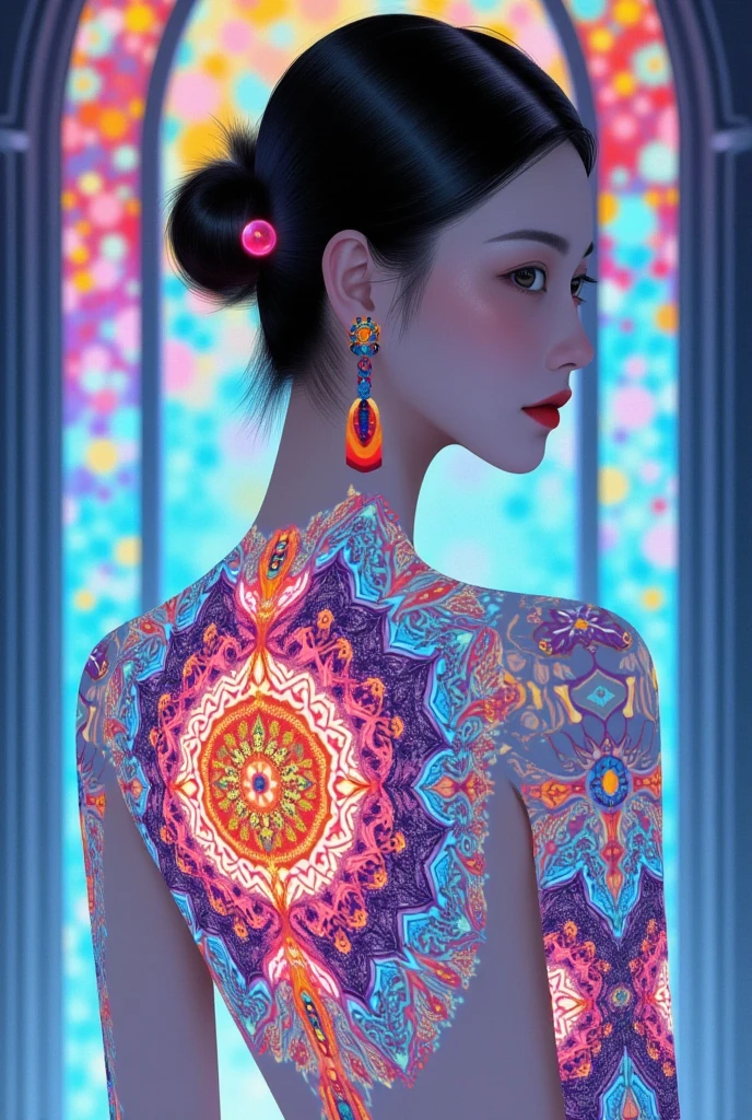 (masterpiece, best quality), 8K,(((Very detailed))), Race:1.8,Super intricate Race pattern,colorful Race pattern,Stained glass background transparent body, Mandala,Light Up,cold, 1 female,Open back,(short hair with braids on the left side, perfect face, white latina slightly asian),