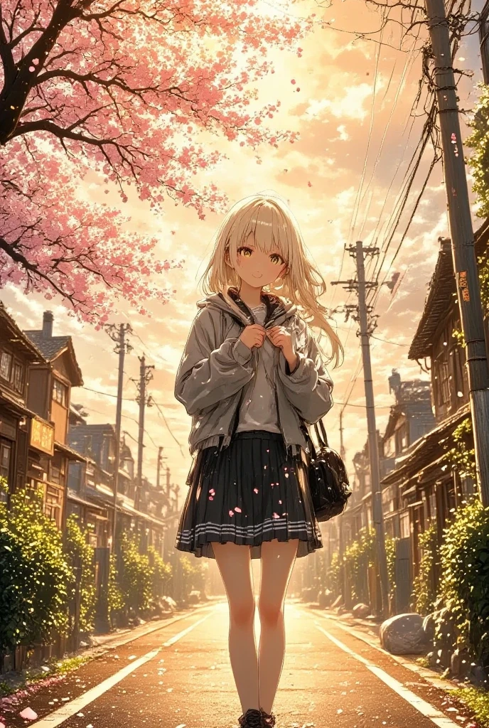 masterpiece, solo, kawaii anime, 1girl, she is a student with skirt, white hair, long hair, hoodie, detailed illustration, long eyelashes, best quality, sunny , anime background, dramatic portrait, country road, narure, bright image,cinematic lighting, bokeh , blurry background, backlit, film camera effect, kawaii anime, intricate artwork, beautiful composition, lens flare, realistic anime, hdr, 16k, ultra aesthetic illustration,
