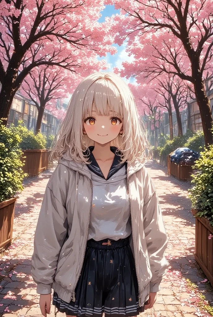 masterpiece, solo, kawaii anime, 1girl, she is a student with skirt, white hair, long hair, hoodie, detailed illustration, long eyelashes, best quality, sunny , anime background, dramatic portrait, country road, narure, bright image,cinematic lighting, bokeh , blurry background, backlit, film camera effect, kawaii anime, intricate artwork, beautiful composition, lens flare, realistic anime, hdr, 16k, ultra aesthetic illustration,
