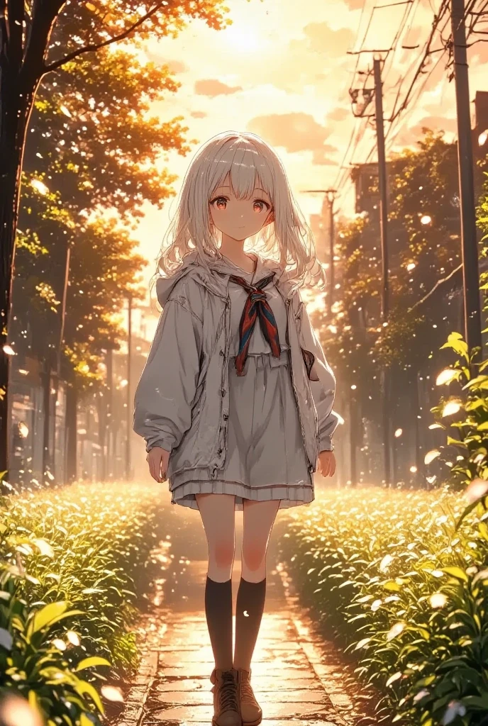 masterpiece, solo, kawaii anime, 1girl, she is a student with skirt, white hair, long hair, hoodie, detailed illustration, long eyelashes, best quality, sunny , anime background, dramatic portrait, country road, narure, bright image,cinematic lighting, bokeh , blurry background, backlit, film camera effect, kawaii anime, intricate artwork, beautiful composition, lens flare, realistic anime, hdr, 16k, ultra aesthetic illustration,
