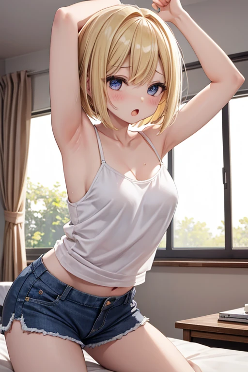 detailded, アニメ, 1 girl standing, lifting the white shirt, showing breasts and bra, blushed, blush on the cheeks, short blonde hair, crystal green eyes, short blue shorts, Room, sexly, , ???, litlle girl, sis,short girl, lifting the shirt for the viewer