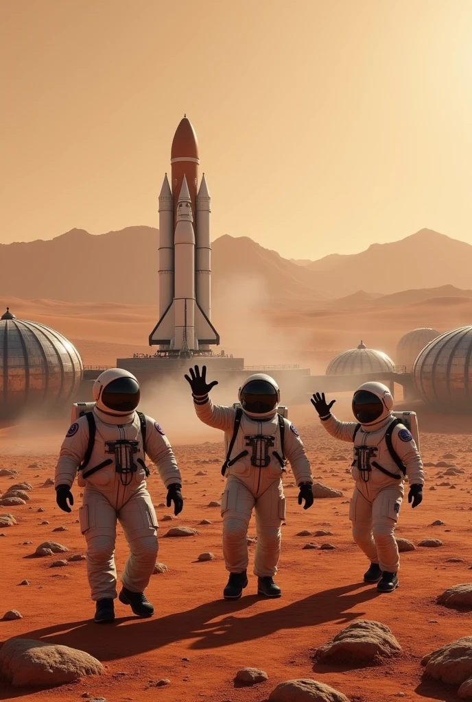 Mars, red planet wasteland, dry, several human made structures domes and connectors, connected into landed space rocket, several astronauts in eva suit cheering and holding banner with text: (Happy new year 2025 Earth!) 