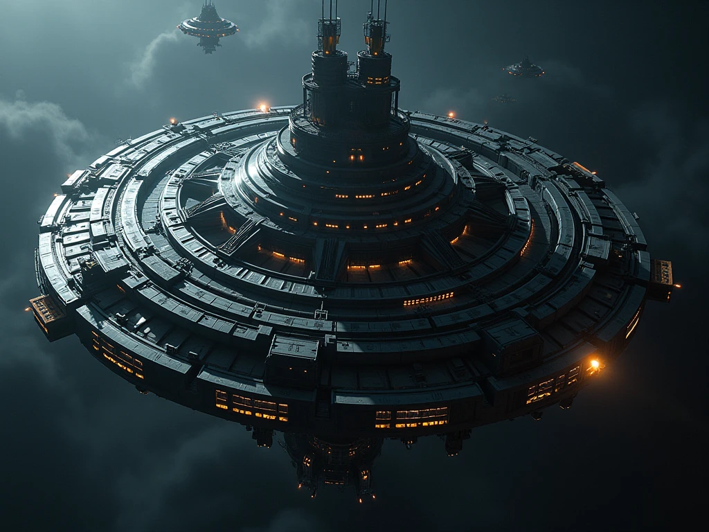 A colossal space colony designed as a maximum-security prison, ominously floating in the vast darkness of space. Its structure is massive and fortress-like, made of dark, unyielding materials reinforced with glowing energy barriers. The entire colony is surrounded by rotating defense rings bristling with heavy weaponry and patrolling warships to ensure no escape is possible. Inside, the atmosphere is oppressive and foreboding, with dim, flickering lights casting eerie shadows along cold, metallic hallways. Towering cell blocks house the galaxy's most dangerous criminals, each cell secured by impenetrable force fields. The command center, a dark and fortified hub, monitors every corner with advanced surveillance systems. The colony is encased in a protective energy dome, making it completely jailbreak-proof. The surrounding space is desolate and hostile, further emphasizing the inescapable nature of this grim and powerful facility.