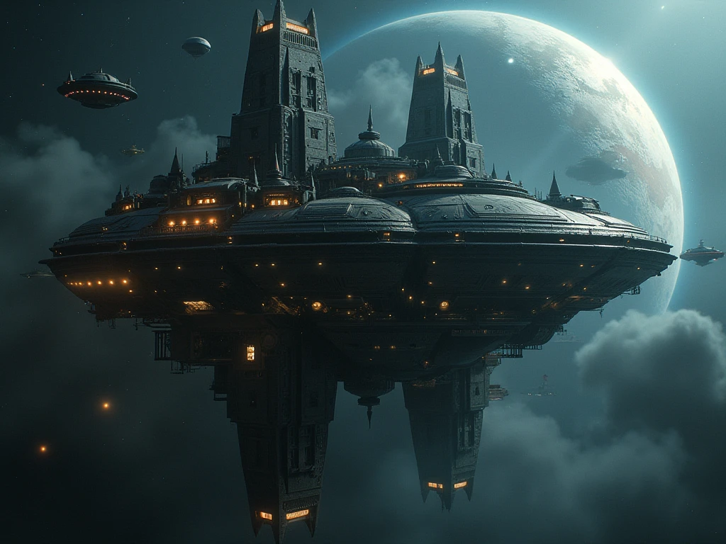 A colossal space colony designed as a maximum-security prison, ominously floating in the vast darkness of space. Its structure is massive and fortress-like, made of dark, unyielding materials reinforced with glowing energy barriers. The entire colony is surrounded by rotating defense rings bristling with heavy weaponry and patrolling warships to ensure no escape is possible. Inside, the atmosphere is oppressive and foreboding, with dim, flickering lights casting eerie shadows along cold, metallic hallways. Towering cell blocks house the galaxy's most dangerous criminals, each cell secured by impenetrable force fields. The command center, a dark and fortified hub, monitors every corner with advanced surveillance systems. The colony is encased in a protective energy dome, making it completely jailbreak-proof. The surrounding space is desolate and hostile, further emphasizing the inescapable nature of this grim and powerful facility.