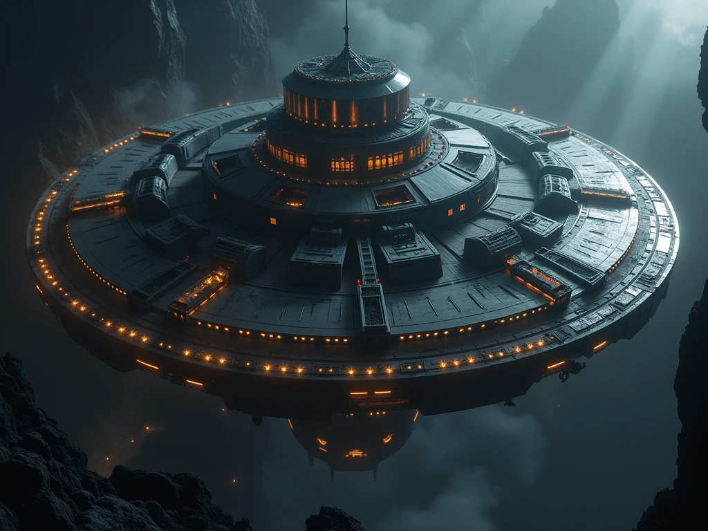 A colossal space colony designed as a maximum-security prison, ominously floating in the vast darkness of space. Its structure is massive and fortress-like, made of dark, unyielding materials reinforced with glowing energy barriers. The entire colony is surrounded by rotating defense rings bristling with heavy weaponry and patrolling warships to ensure no escape is possible. Inside, the atmosphere is oppressive and foreboding, with dim, flickering lights casting eerie shadows along cold, metallic hallways. Towering cell blocks house the galaxy's most dangerous criminals, each cell secured by impenetrable force fields. The command center, a dark and fortified hub, monitors every corner with advanced surveillance systems. The colony is encased in a protective energy dome, making it completely jailbreak-proof. The surrounding space is desolate and hostile, further emphasizing the inescapable nature of this grim and powerful facility.