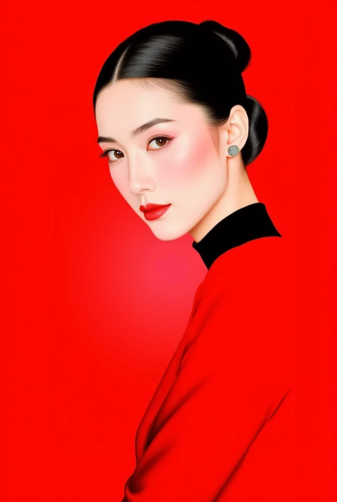 GMF,Fadeaway,CEA, Illustration Portrait of a young woman with black hair tied back, posing confidently against a vibrant red background. She wears a contrasting outfit of red and black, with soft lighting accentuating her sharp facial features. Her eyes are delicately made up, and her lips are a soft pink. The overall style is modern and minimalistic.