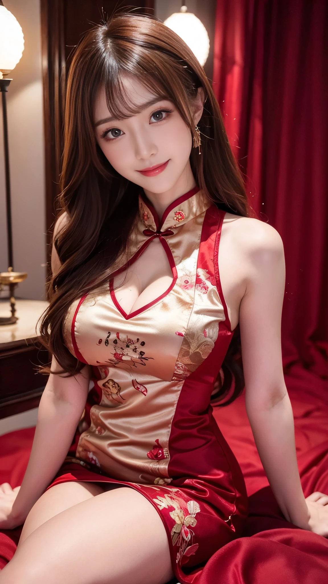   beautiful woman,     Chestnut hair    ,     Beautiful Eyes ,   Smile,  Actual , Full HD,   very beautiful dress  ，Fluffy dress ， curved body，Magnificent view ，Gorgeous decoration，cheongsam，中国发髻