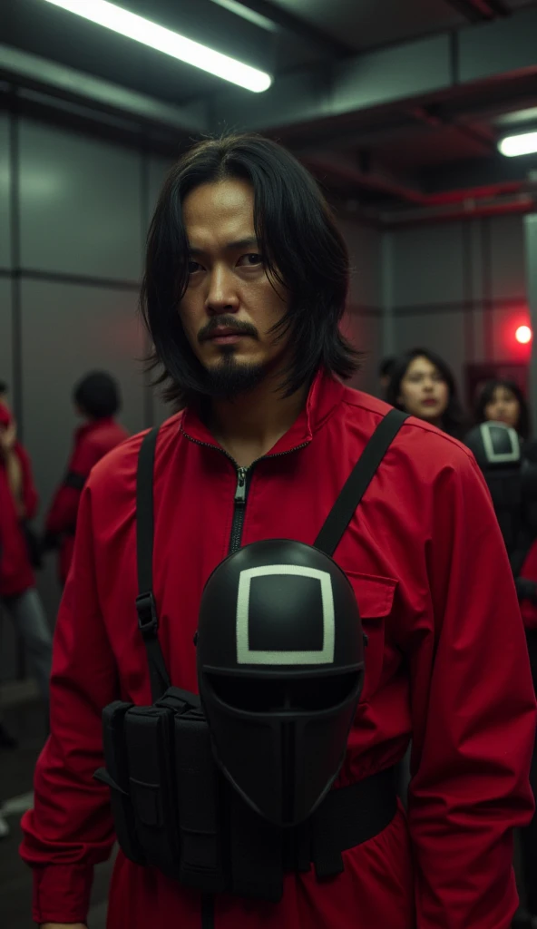 A cinematic close-up of a man dressed as a high-ranking guard from Squid Game, wearing the iconic red jumpsuit unzipped slightly at the top. In one hand, he holds the black mask featuring a white square symbol, revealing his face, which closely resembles actor Keanu Reeves. His expression is calm yet intense, with his signature long dark hair falling loosely around his face and a light stubble accentuating his features. The background is dimly lit, with a cold, industrial vibe—metal walls, pipes, and faint red light casting eerie shadows. The mask in his hand catches a faint glimmer, emphasizing its geometric design and the ominous role it represents. Dust particles float in the air, adding depth and atmosphere to the dramatic scene