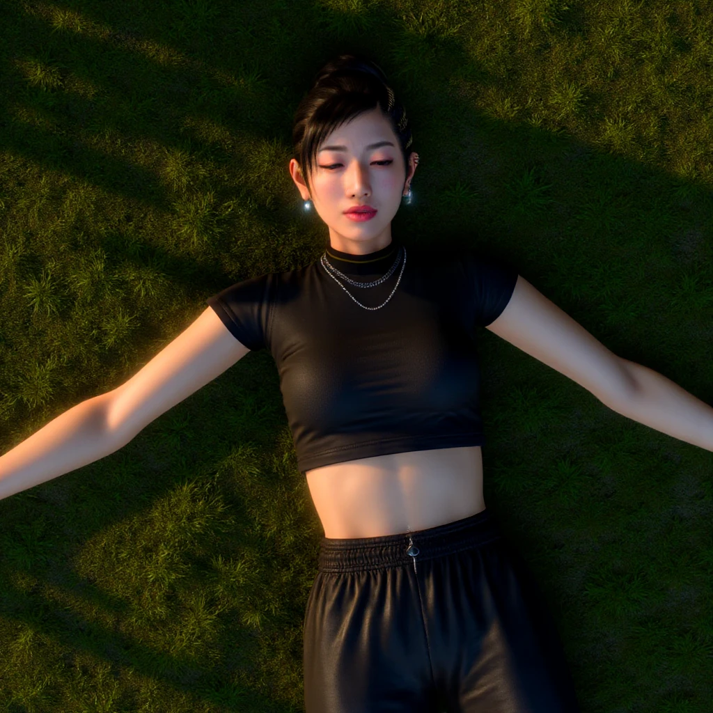 Top-down, full-body view of Chitose Fujinomiya lying unconscious on a bed of lush, green grass. Her arms are sprawled chaotically across the ground, legs slightly bent at the knees, her posture subtly conveying both tension and surrender. Her dark bun-style hair is messy and tangled, fanning unevenly around her head. Her closed eyes and pained expression suggest anguish, contrasting with the soft light bathing the scene. She is dressed in a sleek, short-sleeved crop top, distressed black training pants, and sneakers, accented with minimalistic makeup, delicate silver earrings, and a small pendant on her neck catching the sunlight. Visible scrapes and bruises cover her skin, adding a raw, vulnerable tone to her appearance. The setting captures the golden-hour glow, with sunlight filtering through nearby trees, casting dappled shadows across her body and the grass. The ultra-realistic textures of her clothing, injuries, hair, and the grass are vividly detailed, contributing to a cinematic composition that beautifully balances serenity and urgency.